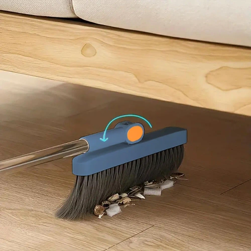 Rengøringssæt med kost og fejebakke på langt skaft | Kost med roterende hoved og foldbar fejebakke | FBS-2in1-Blå