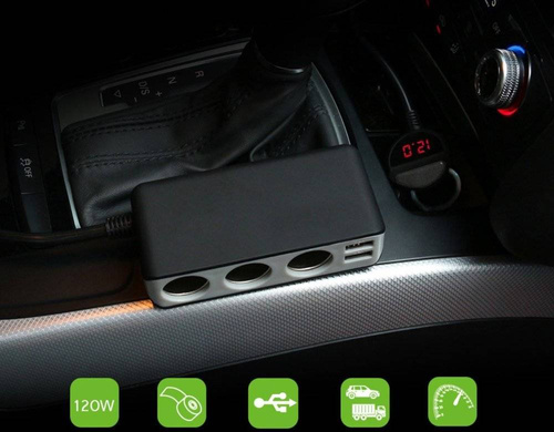 HC67B | Rozdělovač do zásuvky zapalovače cigaret | Voltmetr | 4 USB porty