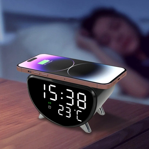 Inteligentný LED budík s 15W Qi nabíjačkou, teplomerom a 3 budíkmi | USB hodiny do spálne | SZ07-15W-BR