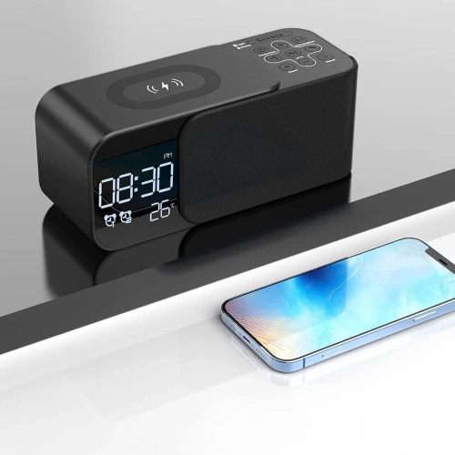 WD-500-BK | Rádio FM com despertador e carregador sem fio | Despertador multifuncional com Bluetooth