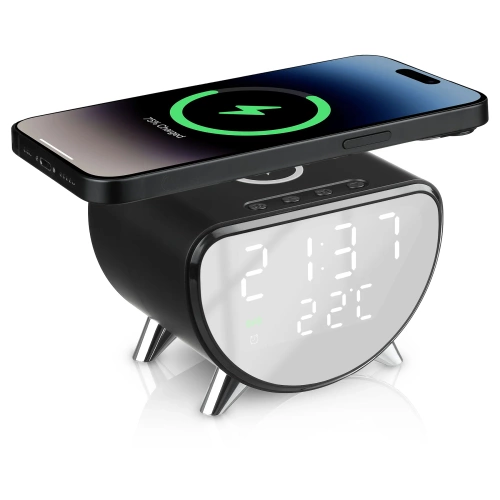 Ceas deșteptător inteligent cu LED, încărcător Qi de 15W, termometru și 3 alarme | Ceas USB pentru dormitor | SZ07-15W-BR