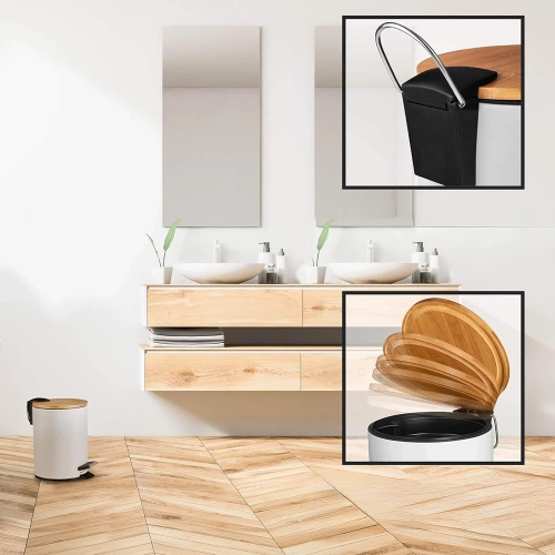 GY-TB3L | Pattumiera da bagno | rotondo, copertura in bambù, pedale | 3 litri, bianco