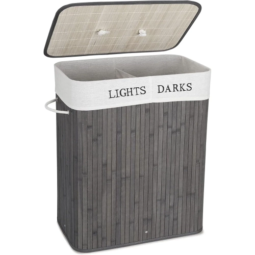 ZYL-100L-GRIS | Panier à linge gris | Conteneur de jouets en bambou | Panier à vêtements en bois | Panier à linge à deux compartiments pour la salle de bain