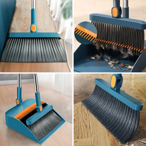 Schoonmaakset met bezem en stoffer en blik op lange steel | Bezem met draaibare kop en opvouwbare stoffer en blik | FBS-2in1-Blauw