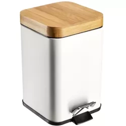 GY-TF5L | Bathroom waste bin | square, bamboo cover, pedal | 5 liters, white