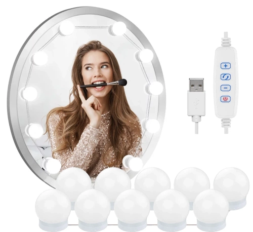 HZJ-V10 | Toiletbord spejllamper til make-up | 10 styk, 3 lysfarver, lysstyrkejustering, 2m USB-kabel