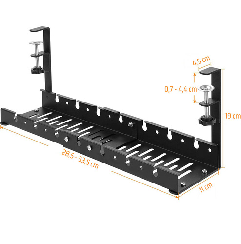 CWT-O3 | Organizador de cables ajustable debajo del escritorio 29-53 cm | Cesta, guía, asa | Negro