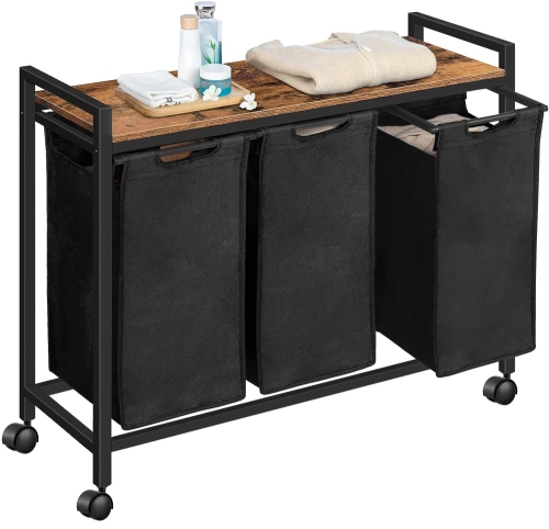 MZ-B30-BLACK | Szennyes kosár polccal | Háromrekeszes szennyeskosár | Kerekes szennyeskosár