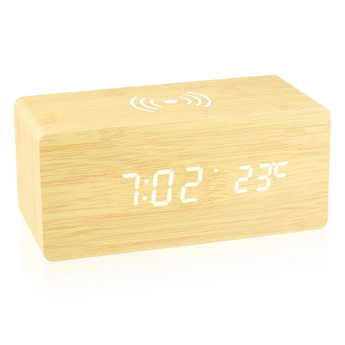 Ceas digital din lemn cu afișaj LED și încărcare wireless 10 W | Ceas deșteptător cu 3 alarme și termometru | SXM-017