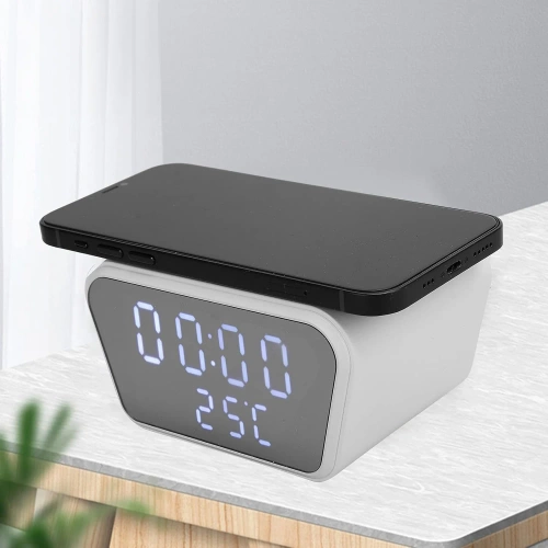 Ceas deșteptător inteligent cu încărcător wireless Qi 15W | Ceas deșteptător cu trei alarme | Ceas cu afișaj de temperatură | SZ01-15W-W
