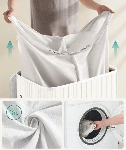 ZYL-100L-BLANC | Panier à linge blanc | Conteneur de jouets en bambou | Panier à vêtements en bois | Panier à linge à deux compartiments pour la salle de bain