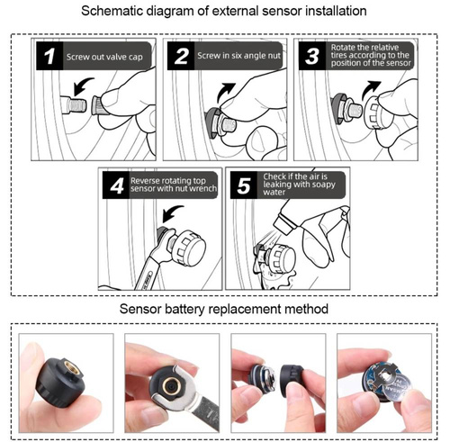 T1W-AA | Sistema TPMS sem fio | 4 sensores de pressão de ar e temperatura dos pneus