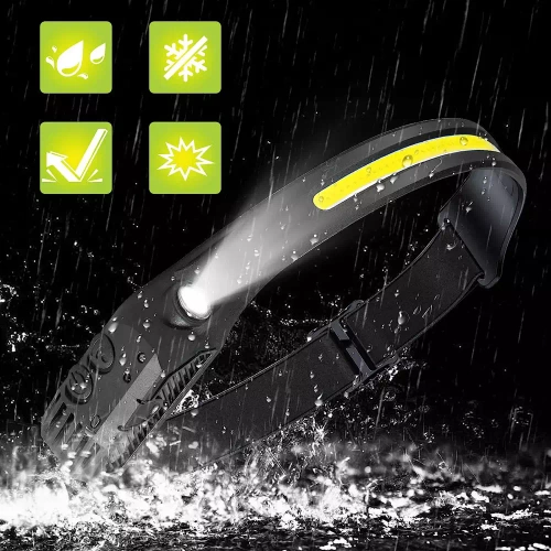 LED-Stirnlampe mit Bewegungssensor | 2 Lichtquellen: COB + XPE | 1.200 mAh, IPX4, 500 lm | HWL-006