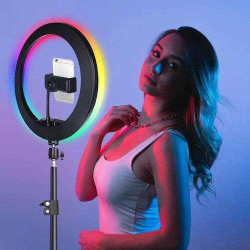 Aro de luz RGB 26 cm con trípode 210 cm y control remoto | luz anular para maquillaje y grabaciones de vídeo | SENY-RGB-26CM