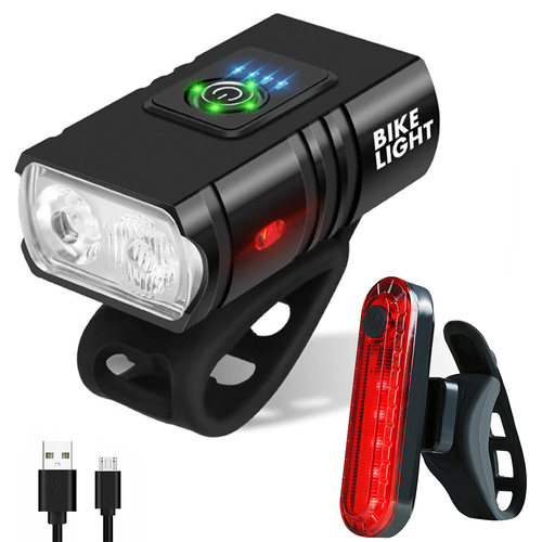 Set LED fietsverlichting voor voor en achter op de fiets | 2 XM-L T6 CREE LED&#39;s, 1000 lm, 6 verlichtingsmodi, 1200 mAh | 5 diodes, 4 verlichtingsmodi, 50lm