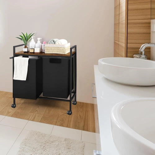 MZ-B20-ZWART | Wasmand met plank | Wasmand met twee vakken | Wasmand met wielen