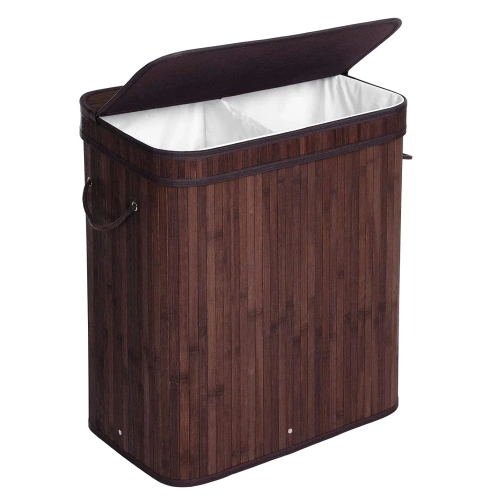 RYL-100L-DABR | Cesto de roupa suja marrom | Recipiente de brinquedo de bambu | Cesto de roupa em madeira | Cesto de roupa suja com dois compartimentos para banheiro