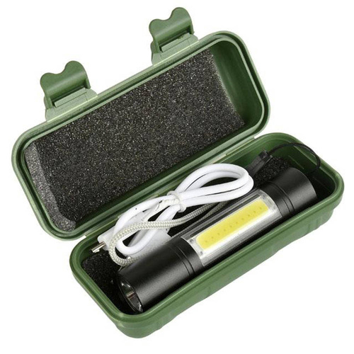 TL-510 | Mini aluminum tactical LED XPE CREE + COB flashlight | built-in rechargeable battery, micro USB cable, carrying case | 600mAh, 450lm, 3 light modes