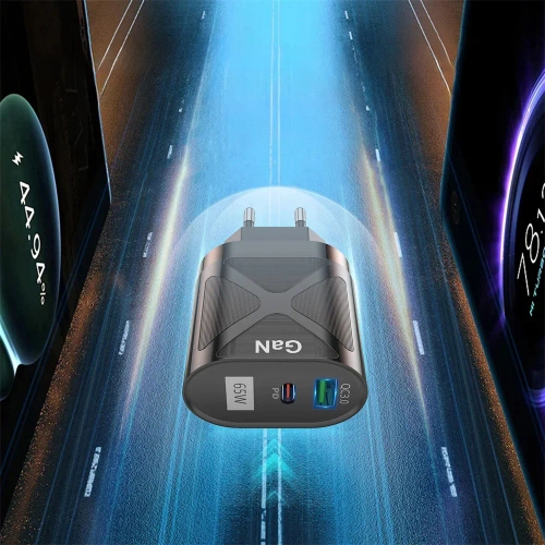 BK-389-GAN | 65W rýchla nástenná nabíjačka s portami USB a PD 3.0 (USB-C).