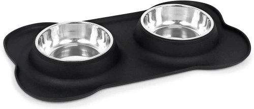 SBL-292-NEGRU | Bol dublu pentru animale de companie | Bol cu tampon anti-alunecare din silicon | Set două boluri metalice