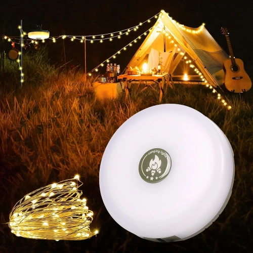 Luminária LED multifuncional para acampamento com guirlanda de 10 m, carregador portátil e ímã | Luminária à prova d'água com bateria integrada de 2000 mAh e 5 modos de iluminação | KQ-5004