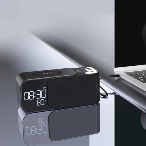 WD-500-BK | Rádio FM com despertador e carregador sem fio | Despertador multifuncional com Bluetooth