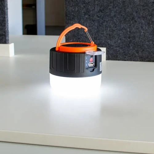 HWL-004 | LED saulės kempingo šviestuvas, turistinis žibintuvėlis su powerbank funkcija | 5 apšvietimo režimai, SOS, 2400mAh, iki 10h darbo