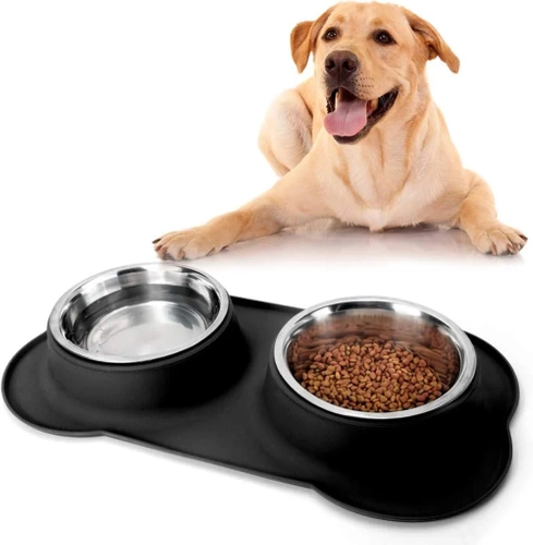 SBL-292-BLACK | Double pet bowl | Bowl with silicone anti-slip pad | Set of two metal bowls