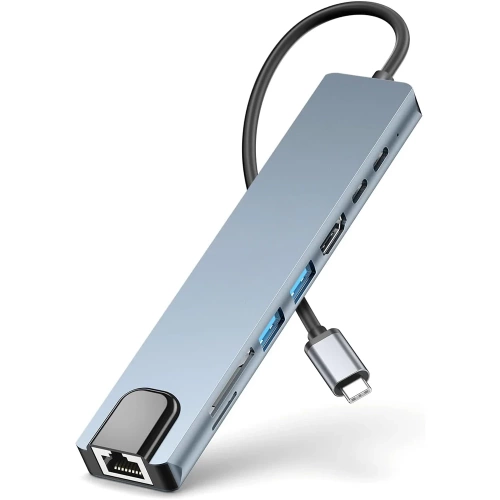 HUB | USB-C til 2x USB-A + 2x USB-C + SD + TF-kort + HDMI + LAN-splitter | adapter, type C 8in1 splitter