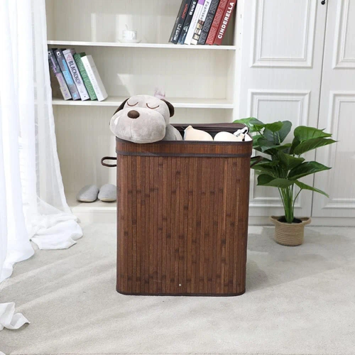 RYL-100L-DABR | Panier à linge marron | Conteneur de jouets en bambou | Panier à vêtements en bois | Panier à linge à deux compartiments pour la salle de bain