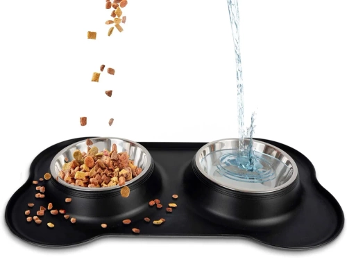 SBL-292-PRETO | Tigela dupla para animais de estimação | Tigela com almofada antiderrapante de silicone | Conjunto de duas tigelas de metal