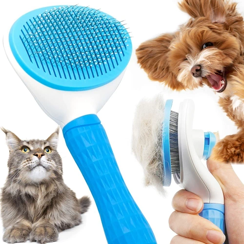 PSC-195-BLEU | Brosse pour brosser les poils de chien et de chat | Brosse de toilettage autonettoyante pour animaux de compagnie