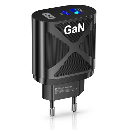 BK-389-GAN | 65 W бързо зарядно за стена с USB и PD 3.0 (USB-C) портове