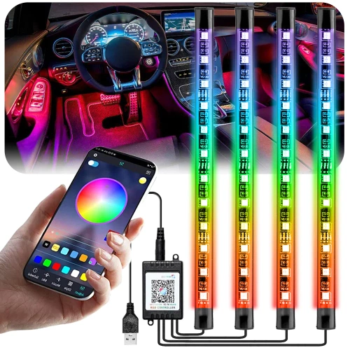 RGB LED osvětlení interiéru auta přes USB | Bluetooth spojení s aplikací v telefonu | 4x LED pásek 12 diod 5050 22cm | IR dálkové ovládání | hudební režimy 