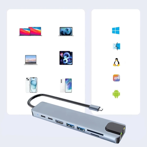 HUB | Séparateur USB-C vers 2x USB-A + 2x USB-C + cartes SD + TF + HDMI + LAN | adaptateur, répartiteur type C 8in1