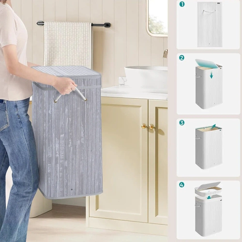 UYL-80L-GRIGIO | Cesto per la biancheria grigio | Contenitore per giocattoli in bambù | Cesto porta abiti in legno | Portabiancheria monovano per il bagno