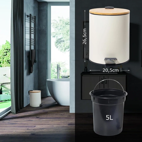GY-TB5L | Pattumiera da bagno | rotondo, copertura in bambù, pedale | 5 litri, bianco
