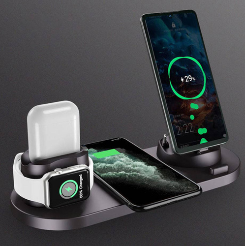 WD-01 | Estación de acoplamiento QI para Apple iPhone Airpods Watch | cargador inalámbrico 15W | 3 enchufes - USB-C / Lightning / Micro USB