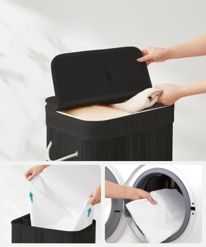 UYL-80L-NOIR | Panier à linge noir | Conteneur de jouets en bambou | Panier à vêtements en bois | Panier à linge à un compartiment pour la salle de bain