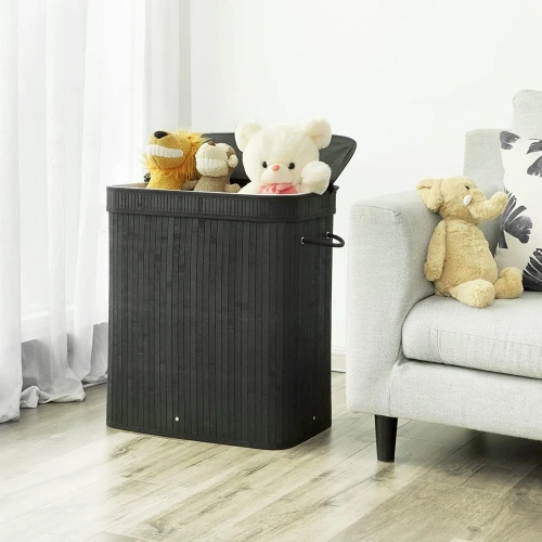 RYL-100L-NEGRO | Cesta de lavandería negra | Contenedor de juguetes de bambú | Cesta de ropa de madera | Cesto de ropa sucia de dos compartimentos para el baño.