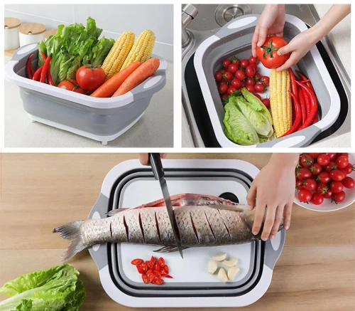 ZXS-398-GRAY | Vas pliabil cu scurgere | Bol de camping | Bol cu tabla de taiere