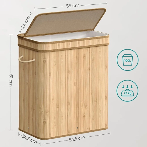 RYL-100L-LIBR | Cesto para la ropa sucia de madera natural | Contenedor de juguetes de bambú | Cesta de ropa de madera | Cesto de ropa sucia de dos compartimentos para el baño.