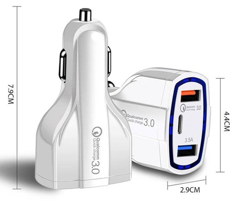 CA-005 | Cargador rápido para coche 2x USB 1x Tipo-C | Carga rápida Carga Rápida 3.0 | LED ambiental