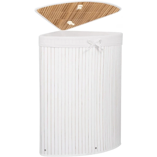 AYL-60L-BLANC | Panier à linge blanc | Conteneur de jouets en bambou | Panier à linge en bois | Panier à linge à un compartiment pour la salle de bain | Panier d'angle