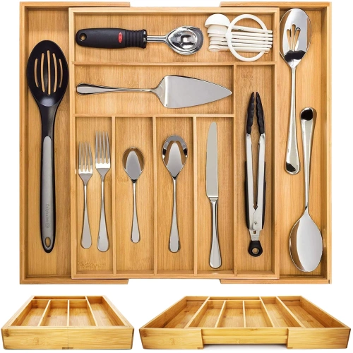 Besteckkasten | Bambus, ausziehbarer Schubladeneinsatz XXL mit 9 Fächern | KBT-G944