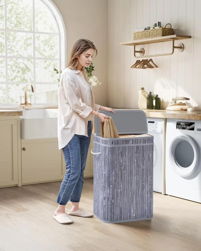 UYL-80L-GRIS | Panier à linge gris | Conteneur de jouets en bambou | Panier à vêtements en bois | Panier à linge à un compartiment pour la salle de bain