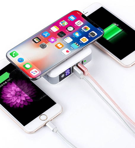 KP-Super | Carregador de parede multifuncional | 2x USB-A 1x USB-C | Banco de potência 6700mAh | Carregador indutivo Qi