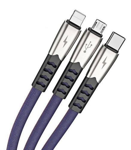 UC-009 | 3in1 1M | Sustiprintas USB laidas, skirtas telefonui „trys viename“ – „Micro USB“, „Type-C“, „Lightning“ („iPhone“)