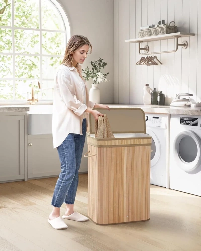 UYL-80L-LIBR | Natuurlijke wasmand | Bamboe speelgoedcontainer | Houten kledingmand | Wasmand met één compartiment voor de badkamer