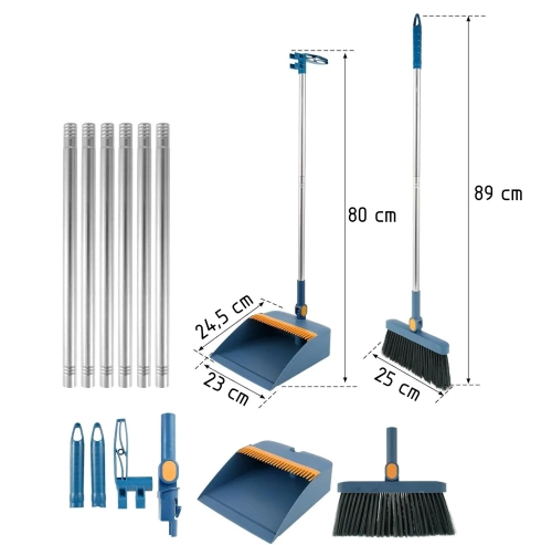 Set de limpieza con escoba y recogedor de mango largo | Escoba con cabezal giratorio y recogedor plegable | FBS-2 en 1 - Azul